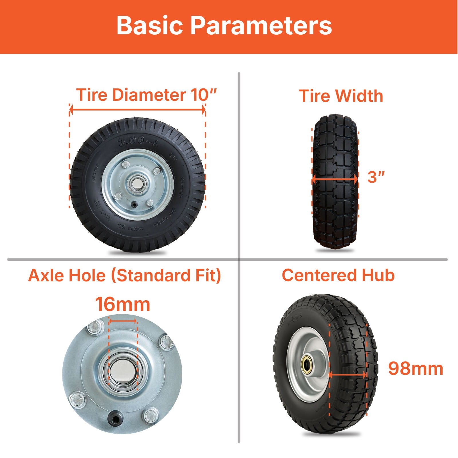 Pulse Gear 10-Inch Pneumatic Rubber Wheel (10x3.00-4) – Turf Tire with TR87 Inner Tube, Steel Rim, 16mm Ball Bearing & 98mm Hub | Heavy-Duty Replacement Wheel for Hand Truck, Trolley, Cart & Garden Equipment