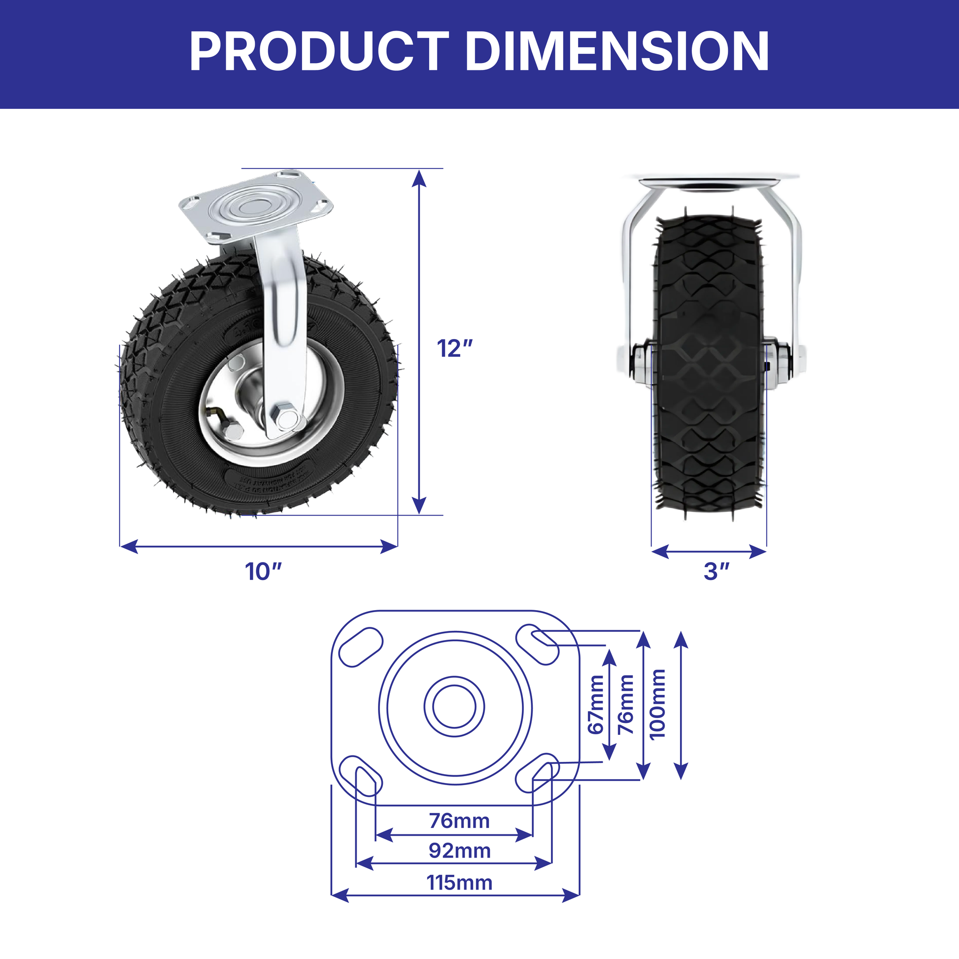 Pulse Gear 10-Inch Pneumatic Caster Wheel – 10x3.00-4 Turf Tire with TR87 Tube, Steel Rim, 16mm Bearing | 560kg Load | (2-Swivel & 2-Rigid) Options for Trolley, Cart (2-rigid)